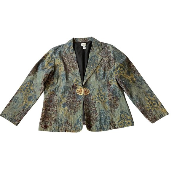 Chicos Size 3 Womens Denim Jacket With Embellished Details & Floral Print XL - Picture 1 of 11